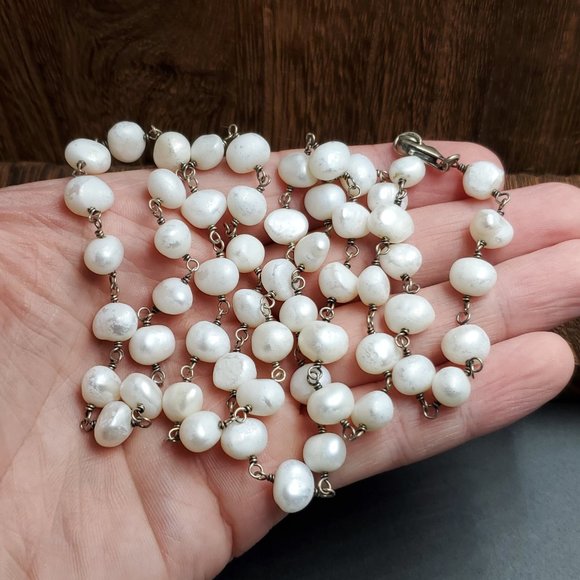 32 Inch Sterling Silver Rustic Genuine Pearls Long Necklace - Picture 2 of 7